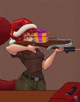 christmas_clothing christmas_headwear clothing crossbow drill_curls eyewear female gift glasses green_eyes hair hat headgear headwear holidays laser_sight ranged_weapon santa_hat solo toolbox weapon rabbyrabbithole christmas casimira_(orannis0) animal_humanoid humanoid mammal mammal_humanoid rodent rodent_humanoid sciurid sciurid_humanoid tree_squirrel_humanoid hi_res