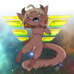 animal_genitalia anthro balls black_sclera blush bracelet breasts brown_body brown_fur brown_hair censor_bar censored_genitalia censored_penis claws cosmic_background fangs floating fur genitals gynomorph hair horn ineffective_censorship intersex jewelry long_tail looking_at_viewer looking_down narrowed_eyes navel nipples nude penis penis_tip sheath small_sheath smile smug smug_face smug_grin solo space space_background tail teeth text doneru canid canine canis demon hybrid mammal wolf 1:1 absurd_res censored hi_res japanese_text signature