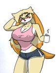 anthro beverage big_breasts blonde_hair blush bottomwear breasts cleavage clothed clothing coffee coffee_mug container cup dolphin_shorts female female_anthro hair hand_on_head holding_container holding_cup holding_mug holding_object long_hair looking_at_viewer mug shirt shorts simple_background small_waist solo tank_top thick_thighs topwear wide_hips pace-maker animal_crossing nintendo isabelle_(animal_crossing) canid canine canis domestic_dog mammal 2024 digital_drawing_(artwork) digital_media_(artwork)