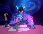 black_hair candle curved_horn earth hair half-closed_eyes horn humanoid_pointy_ears male muscle_tone muscular muscular_humanoid muscular_male narrowed_eyes pecs planet purple_body purple_skin yellow_sclera naughtyjester mizziloth demon demon_humanoid humanoid hi_res