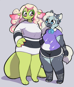 anthro barefoot blue_eyes bottomwear breasts clothing duo feet female gloves_(marking) grey_background hair leg_markings markings purple_clothing purple_shirt purple_topwear shirt shorts simple_background smile socks_(marking) standing tail topwear white_hair eerieviolet mythology beryl_(eerieviolet) horoscope_(eerieviolet) dragon felid mammal mythological_creature mythological_scalie scalie digital_media_(artwork)