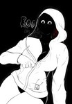 big_breasts black_and_white breasts cleavage clothed clothing digital_media_(artwork) female hood_(artist) hoodie humanoid humanoid_hands looking_at_viewer monochrome mouthless portrait simple_background solo text three-quarter_portrait topwear undressing