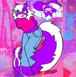 anthro blush bra bright_colors clothing complex_backhround female feral hair heterochromia lying on_back pants_chain purple_body solo underwear white_hair roadkillblvd mike_and_melissa melissa_mouffette mammal mephitid mephitidae skunk hi_res