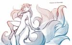 16:10 2017 adobe_photoshop_(artwork) anthro breasts canid canine conditional_dnp digital_media_(artwork) digitigrade featureless_breasts female fluffy fluffy_tail fox gloves_(marking) hi_res keidran laura_(twokinds) leg_markings mammal markings monochrome multi_tail nude one_leg_up raised_leg red_fox side_view simple_background sketch small_breasts smile socks_(marking) solo tail tom_fischbach true_fox twokinds white_background widescreen