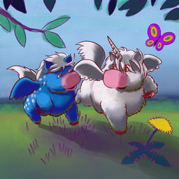 1_horn ambiguous_feral ambiguous_gender blue_body blue_fur blue_wings dandelion duo eye_contact feral flower fur grass hooves horn looking_at_another markings open_mouth outside pink_hooves plant purple_eyes quadruped red_eyes running smile spiral_horn spots spotted_body spotted_fur tail white_body white_fur white_horn white_spots white_tail white_wings wings young young_ambiguous young_feral fluffus fluffy_pony mythology ambient_arthropod ambient_butterfly ambient_insect equid equine fluffy_pony_(species) mammal mythological_creature mythological_equine pegasus winged_unicorn 1:1 2025 digital_media_(artwork) english_description hi_res