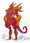 2021 abs anthro big_breasts blue_eyes breasts building city cityscape conditional_dnp excel_(jollyjack) featureless_breasts featureless_crotch female jollyjack kaiju macro muscular muscular_arms muscular_thighs non-mammal_breasts orange_body red_body reptile restricted_palette scalie skyscraper solo tail