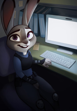anthro book buckteeth chair clothed clothed_anthro clothed_female clothing computer_keyboard computer_monitor countershade_face countershade_hands countershading desk detailed_background dipstick_ears ear_markings eyebrows female fingers fully_clothed fully_clothed_anthro fully_clothed_female fur furniture grey_body grey_fur inside long_ears multicolored_ears nervous nervous_smile on_chair open_mouth open_smile philtrum police police_uniform purple_eyes sitting sitting_at_desk sitting_on_chair smile solo table teeth uniform qupostuv35 disney zootopia judy_hopps lagomorph leporid mammal rabbit 2022 hi_res source_request unavailable_at_source