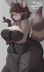 anthro arm_under_breasts arms_bent big_breasts big_butt blush blush_lines breasts butt cigarette cigarette_smoke cleavage clothed clothed_anthro clothed_female clothing collar cross cross_necklace curvy_figure eyebrow_through_hair eyebrows eyelashes eyewear female female_anthro fur glasses grey_background hair holding_cigarette holding_object inner_ear_fluff jewelry kemono looking_at_viewer monotone_text necklace open_mouth purple_eyes simple_background smoke smoking solo standing text thick_thighs three-quarter_view translucent translucent_hair tuft voluptuous white_text nojaaaaaaaarori mammal procyonid raccoon 2022 absurd_res digital_media_(artwork) english_text hi_res japanese_text portrait three-quarter_portrait