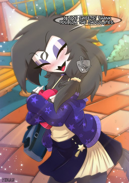 anthro biped black_body black_bottomwear black_clothing black_feathers black_hair black_skirt blush blush_lines bottomwear box_of_chocolates candy chocolate clothed clothing countershade_face countershading day dessert dialogue eyes_closed eyeshadow feathers female food hair handbag holding_object holidays jacket long_hair makeup open_mouth outside pink_eyeshadow purple_clothing purple_jacket purple_topwear shirt skirt solo speech_bubble standing tail tail_feathers text topwear white_body white_countershading yellow_clothing yellow_shirt yellow_topwear h1draw hellaverse helluva_boss valentine's_day octavia_(helluva_boss) avian bird demon owl owl_demon 2026 absurd_res english_text hi_res