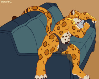anthro areola ball_bulge balls belly big_bulge body_hair brown_background brown_body brown_fur bulge butt butt_from_the_front chest_tuft claws clothed clothing curling_toes detailed_bulge erection feet fingers flaccid front_view fur furniture genitals grey_clothing grey_underwear happy_trail humanoid_hands male markings musclegut muscular muscular_anthro muscular_male navel nipples open_mouth orange_body orange_fur pawpads penis penis_poking_out pillow pubes simple_background sleeping snoring sofa solo spots spotted_markings spread_arms spread_legs spreading striped_markings stripes tail tail_motion tailwag text toe_claws toes topless topless_anthro topless_male tuft underwear underwear_only white_body white_fur x-ray_view snaftfc felid jaguar mammal pantherine animated artist_name colored hi_res shaded