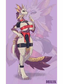 anthro areola areola_slip big_breasts breast_squish breasts claws clothed clothing collar female fishnet_clothing fishnet_legwear frill_(anatomy) fur legwear long_neck scales simple_background skimpy solo squish tail thick_thighs tight_clothing white_body dhalek capcom monster_hunter mythology dragon leviathan_(mh) mizutsune mythological_creature mythological_scalie scalie 3:4 absurd_res alternate_version_at_source digital_media_(artwork) hi_res