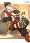 anthro claws clothed clothing duo feet food fur grey_body grey_fur hair hindpaw holding_object holding_plate looking_at_viewer male orange_body orange_fur paws tail white_body white_fur milkybot threefold_recital_(game) taiqing_(threefold_recital) triratna_(threefold_recital) canid mammal 2025 absurd_res hi_res