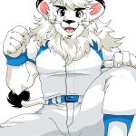 anthro athletic athletic_anthro athletic_male baseball_uniform belt black_body black_eyes black_fur bottomwear claws clothed clothing crouching ear_markings eyebrows facial_markings fist fully_clothed fur hair head_markings kemono looking_at_viewer male mane markings mascot neck_tuft open_mouth pants shirt simple_background smile solo sportswear tail tail_tuft teeth thick_eyebrows tongue topwear tuft uniform whiskers white_background white_body white_fur white_hair wristband chikuwabu nippon_professional_baseball saitama_seibu_lions leo_(saitama_seibu_lions) felid lion mammal pantherine 1:1