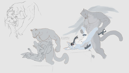 abdominal_bulge abs anthro biceps breasts dominant duo genitals herm intersex intersex/male larger_dom male muscular penetration penis size_difference e_grau tori_(ruaidri) avian bird canid canine felid feline fox hybrid leopard mammal pantherine hi_res sketch