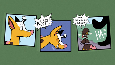 antlers blue_eyes breasts brown_body brown_fur fur gender_transformation horn laughing_at laughing_at_another living_tail male mtf_transformation orange_sclera pink_nose sharp_teeth spikes spikes_(anatomy) tail tail_head teeth tongue transformation unusual_anatomy unusual_tail upside_down_transformation yelling yelling_at_another yellow_body yellow_fur trevor-fox nintendo pokemon kyp_(character) trevor-fox_(character) generation_2_pokemon girafarig pokemon_(species) 16:9 comic hi_res widescreen nonbinary_(lore)