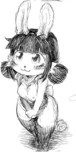 anthro bird's-eye_view breasts clothing dark_hair ears_up female high-angle_view legwear nipple_outline pigtails scut_tail short_tail sleeveless_shirt smile solo tail thick_thighs thigh_highs wide_hips archeryves lagomorph mammal character_request monochrome