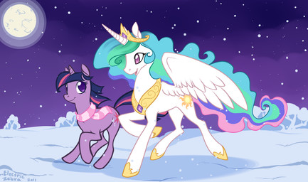 cutie_mark detailed_background duo feathered_wings feathers female feral fur hair horn multicolored_hair night outside purple_body purple_fur purple_hair quadruped scarf snow tail toony two_tone_hair wings electriczebra friendship_is_magic hasbro my_little_pony mythology princess_celestia_(mlp) twilight_sparkle_(mlp) equid equine mammal mythological_creature mythological_equine unicorn winged_unicorn source_request