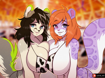 animal_print animal_print_bikini anthro big_breasts bikini blue_eyes blush breast_squish breasts breasts_frottage cleavage clothed clothing cow_print cow_print_bikini duo female female/female hair heterochromia looking_at_viewer medium_hair orange_hair pattern_bikini pattern_clothing pattern_swimwear red_eyes smile squish swimwear two-piece_swimsuit ziffir evie_purr felid leopard mammal pantherine