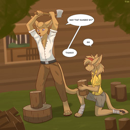 4_toes anthro axe bottomwear clothed clothing dialogue digitigrade duo feet female fingers fur hair holding_axe holding_object holding_wood kneeling male outside pants shirt shorts smile standing tail text toes topwear wood ruth66 twokinds james_(championofbagels) madelyn_adelaide basitin keidran mammal digital_media_(artwork) english_text hi_res