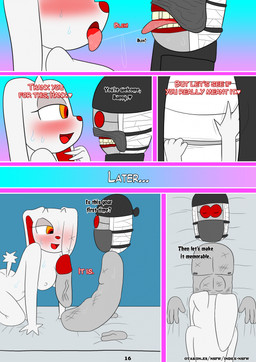 anthro aroused_face bandage bandaged_chest bandaged_head bandaged_tail bed black_clothing blush bodily_fluids breasts clothed clothing coat comic_panel dialogue doll duo eyes_closed eyewear eyewear_on_head fellatio female female_penetrated floating_hands fur furniture genitals glasses grey_body grey_skin hat headgear headwear interspecies kerchief long_ears looking_at_genitalia looking_at_penis lying male male/female male_penetrating male_penetrating_female mask multicolored_eyes nipples nude on_bed open_mouth oral penetration penile penis red_eyes red_eyewear red_glasses red_nose sex sitting stitch_(sewing) sweat tail teeth text tongue topwear white_body white_fur yellow_eyes otakon_(artist) 2spot_studio bloody_bunny_(series) madness_combat bloody_bunny hank_j._wimbleton animate_inanimate lagomorph leporid living_doll mammal nevadean_(madness_combat) rabbit comic digital_media_(artwork) english_text hi_res tagme