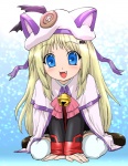 accessory alternative_fashion animal_hat bat_clip bell beret blonde_hair blue_eyes blush button_(fastener) cape cat_hat clothed clothing fangs female hair hair_accessory hairclip hat headgear headwear j-fashion legwear long_hair pink_bow ribbons school_uniform solo teeth thigh_highs uniform young ueyama_michirou key_(company) little_busters! tencent noumi_kudryavka animal_humanoid bat cat_humanoid felid felid_humanoid feline feline_humanoid humanoid mammal mammal_humanoid