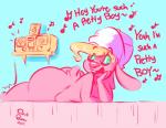 anthro big_butt buckteeth butt eyes_closed eyeshadow femboy lying makeup male music musical_note musical_symbol nude on_front raised_arm singing solo stereo symbol teeth text towel smutbooru kayla_(kmorrisoncartoons) lagomorph leporid mammal rabbit 2017 digital_media_(artwork) english_text hi_res