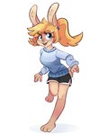 4_fingers anthro barefoot blonde_hair blue_eyes blush bottomwear brown_body clothing dolphin_shorts feet female fingers hair on_one_leg open_mouth shorts simple_background smile solo standing sweater topwear white_background jayrnski lagomorph leporid mammal rabbit 2021 hi_res