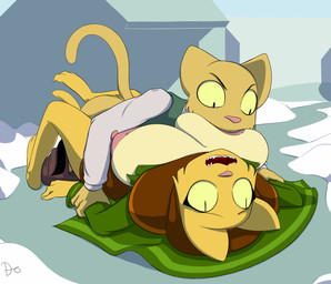 anthro areola barefoot belt big_breasts bottomwear bottomwear_down breast_play breast_suck breasts butt claws clothed clothing curling_toes duo erect_nipples exposed_breasts feet female frown fur half_naked hand_on_wrist huge_breasts looking_at_breasts lying lying_on_breasts male male/female nipples on_back pants pants_down partially_clothed pink_nipples pupils raised_tail sharp_teeth slit_pupils staring_up sucking tail teeth torn_clothing yellow_body yellow_fur zokva microsoft prequel_adventure the_elder_scrolls katia_managan s'thengir felid khajiit mammal 2020 digital_media_(artwork) hi_res