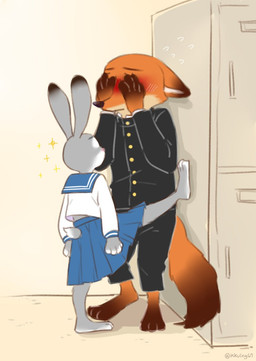 anthro barefoot blush bottomwear clothed clothing covering covering_eyes covering_face duo feet female fur furgonomics grey_body grey_fur inside locker long_ears male orange_body orange_fur predator/prey raised_leg school_uniform size_difference skirt tail tail_through_skirt trapped uniform kkuing67 disney zootopia judy_hopps nick_wilde canid canine fox lagomorph leporid mammal rabbit red_fox true_fox 2016
