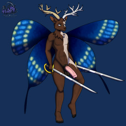 anthro balls feet fur genitals holding_object horn humanoid_feet insect_wings lepidopteran_wings male melee_weapon mottled neck_tuft nude penis piebald plantigrade simple_background solo sword transparent_background tuft weapon wings berk_rider arthropod butterfly deer hybrid insect lepidopteran mammal 1:1 2025 absurd_res alpha_channel hi_res