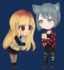 boots bottomwear clothing duo ear_piercing ear_ring female footwear inner_ear_fluff jacket open_mouth pants piercing plushie ring_piercing shoes skirt topwear torn_bottomwear torn_clothing torn_pants tuft yumemin animal_humanoid human humanoid mammal alpha_channel