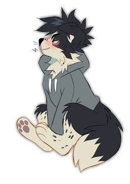 anthro black_body black_fur black_hair blush clothed clothing floppy_ears fur grey_clothing grey_hoodie grey_topwear hair hoodie male narrowed_eyes short_hair side_view simple_background sitting solo topwear white_background white_body white_fur yellow_eyes princelykaden kaden_(princelykaden) border_collie canid canine canis collie domestic_dog herding_dog mammal pastoral_dog sheepdog hi_res