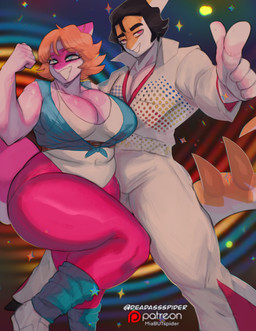 1970s_theme 5_fingers 70s_clothing abstract_background accessory anthro belt belt_buckle big_breasts big_tail black_hair blonde_hair blue_eyes bone_frill breasts buckle cleavage clothed clothing curvy_figure duo exercise_clothing eyelashes female finger_gun fingers footwear freckled_breasts freckled_chest freckled_shoulders freckles frill_(anatomy) gesture glistening glistening_body glistening_breasts glistening_scales hair hand_gesture headband huge_breasts huge_hips huge_thighs husband husband_and_wife jumpsuit leg_warmers leggings legwear leotard long_eyelashes long_tail male male/female married_couple mature_anthro mature_female mature_male multicolored_body multicolored_scales muscular muscular_anthro muscular_male orange_body orange_scales patreon_logo pecs pink_body pink_eyes pink_leggings pink_scales scales shoes short_hair sneakers spiked_tail spikes spikes_(anatomy) tail text thick_thighs two_tone_body two_tone_scales voluptuous voluptuous_anthro voluptuous_female white_body white_clothing white_leotard white_scales wide_hipped_anthro wide_hipped_female wide_hips wife deadassspider cavemanon_studios patreon snoot_game cassandra_(snoot_game) tony_(snoot_game) dinosaur hadrosaurid ornithischian ornithopod parasaurolophus prehistoric_species reptile scalie 2026 artist_name digital_drawing_(artwork) digital_media_(artwork) hi_res watermark