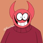 brown_background clothed clothing glare horn iris male not_furry red_clothing red_horn red_sweater red_topwear simple_background smile solo sweater teeth topwear white_eyes radiosonic94 spooky_month bob_velseb demon humanoid mammal monster 1:1 absurd_res hi_res