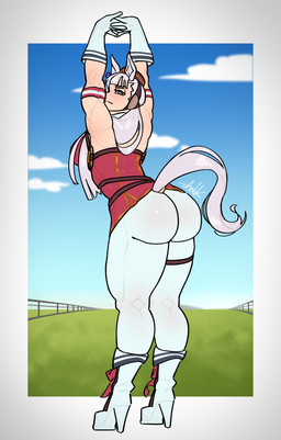 back_muscles bedroom_eyes big_breasts big_butt breasts butt clothing female hair headgear headwear horse_ears horse_tail long_hair looking_back muscular muscular_arms muscular_female muscular_thighs narrowed_eyes presenting presenting_hindquarters rear_view seductive solo stretching tail thick_thighs white_hair wide_hips gremlinchalk cygames uma_musume_pretty_derby gold_ship_(pretty_derby) animal_humanoid equid equid_humanoid equine equine_humanoid horse_humanoid humanoid mammal mammal_humanoid absurd_res hi_res