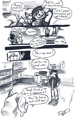 anthro bedroom blush bodily_fluids chair computer_monitor controller cuddling dialogue electronics female feral flustered furniture game_console group machine male nervous nervous_sweat office_chair pet_protogen remote_control soda_bottle surprised_face sweat text trio ravid_anml ghirr_firewire_mertens_(ravid_anml) nora_seulis_(ravid_anml) tobias_hecaucatl_(ravid_anml) american_opossum canid canine canis mammal marsupial protogen wolf absurd_res comic english_text hi_res monochrome sketch