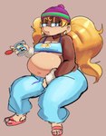 2022 anthro beanie belly big_belly biped blonde_hair blue_eyes breasts brown_body cleavage clothed clothing colored_nails crop_top dessert digital_drawing_(artwork) digital_media_(artwork) donkey_kong_(series) ear_piercing ear_ring eyelashes feet female fluffy fluffy_hair food food_container footwear full-length_portrait hair haplorhine hat headgear headwear hi_res holding_food holding_ice_cream holding_object ice_cream justdavefnd lidded_eyes looking_at_viewer love_handles mammal monkey multicolored_body nails narrowed_eyes navel nintendo nipple_outline overweight overweight_anthro overweight_female piercing pigtails pink_nails pink_toenails portrait pouting primate ring_piercing sandals shirt simple_background sitting small_breasts solo sweatpants tan_background tan_body thick_thighs tiny_kong toenails toes topwear two_tone_body under_boob wristband y2k_(fashion)