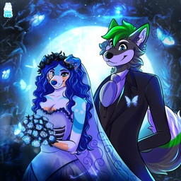 accessory anthro black_nose blue_body blue_butterfly blue_eyes blue_flower blue_fur blue_hair blue_nose bouquet clothing dress duo female flower fur green_body green_fur green_hair grey_body grey_fur hair hands_behind_back happy holding_bouquet holding_flower holding_object looking_at_viewer male male/female moon necktie night plant raised_tail sky sky_blue_fur smile suit tail tan_body tan_fur wedding wedding_clothing wedding_dress wedding_night white_body white_fur moonyfurr kory_the_fox summer_shore_(kory_the_fox) canid canine canis domestic_dog fox mammal 1:1 hi_res