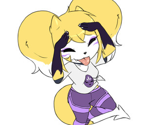 anthro black_body black_fur blep bottomwear clothed clothing female fur horn hotpants legwear making_faces shirt shorts shortstack simple_background solo stockings t-shirt tongue tongue_out topwear white_background white_body white_fur yellow_body yellow_fur furball ah_eto..._bleh! bandai_namco digimon bird_brain renimpmon renimpmon_x canid canine demon fox hybrid imp mammal 5:4