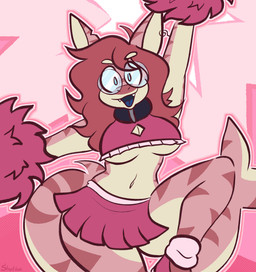 anthro blue_mouth blue_tongue bottomwear breasts cheerleader_outfit cleavage_cutout clothed clothed_anthro clothed_female clothing crop_top cutout eyewear female glasses hair long_hair navel non-mammal_navel open_mouth pom_poms round_glasses shark_tail shirt skirt solo tan_body tongue topwear wearing_glasses stratica aquatic fish shark 2026 digital_drawing_(artwork) digital_media_(artwork) english_description hi_res