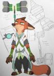 2017 anthro canid canine claws clothed clothing disney english_text fox fur green_eyes hi_res looking_at_viewer male mammal multicolored_body multicolored_fur nick_wilde red_fox solo standing text toe_claws true_fox weapon xx-junglebeatz-xx zootopia