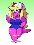 anthro breasts cleavage clothed clothing eggshell eyewear female gradient_background hand_on_hip one-piece_swimsuit open_mouth psudo_za purple_body simple_background solo sunglasses swimwear greliz bonk_(series) hudson_soft konami red_company turbografx-16 princess_za dinosaur prehistoric_species reptile scalie 2017 3:4