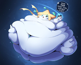 arm_rolls belly belly_rolls big_belly big_cheeks blobby chubby_cheeks double_chin fat_rolls huge_belly leg_rolls love_handles morbidly_obese neck_rolls obese outside overweight pokeball solo space speech_bubble text white_body veryfilthything nintendo pokemon generation_3_pokemon jirachi legendary_pokemon pokemon_(species) 2023 hi_res