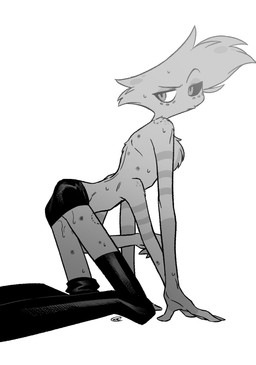 4_arms anthro bite_mark boots clothing footwear legwear male multi_arm multi_limb shoes solo thigh_boots thigh_highs enaic31 hazbin_hotel hellaverse angel_dust arachnid arthropod demon spider absurd_res hi_res monochrome