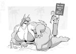 2023 anthro beach beach_blanket big_breasts bikini breasts canid canine claws clothing conditional_dnp duo english_text female fur greyscale hair huge_breasts human jollyjack looking_at_another mammal monochrome muscular muscular_anthro muscular_arms muscular_female muscular_legs mythological_canine mythological_creature mythology palm_tree plant protest_sign protester sand seaside sign swimwear text thermos thick_thighs towel tree were werecanid werecanine werewolf