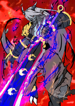 anthro armor black_body black_fur fur greatsword hair long_hair male melee_weapon muscular muscular_anthro muscular_male pauldron pecs red_eyes solo sword weapon white_hair sutunununu bandai_namco digimon digimon_beatbreak digimon_(species) felid feline mammal murasamemon hi_res