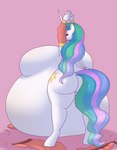 2022 5_fingers anthro belly belly_dancer big_belly big_breasts big_butt blue_hair blue_tail breasts bumpywish butt clothing cutie_mark digital_media_(artwork) equid equine female fingers friendship_is_magic green_hair green_tail hair half-closed_eyes hasbro hi_res horn huge_belly huge_breasts humanoid_hands hyper hyper_belly hyper_breasts hyper_pregnancy looking_back mammal multicolored_hair multicolored_tail my_little_pony mythological_creature mythological_equine mythology narrowed_eyes nude pink_background pink_hair pink_tail pregnant pregnant_anthro pregnant_female princess_celestia_(mlp) simple_background solo standing tail thick_thighs torn_clothing white_body wide_hips winged_unicorn wings