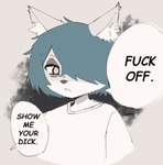 anthro blue_hair clothing dialogue female fur grey_body grey_eyes grey_fur hair open_mouth profanity sexual_harassment shirt simple_background solo text topwear white_body white_fur hatsumiilkshake watamote tera_(hatsumiilkshake) canid canine canis mammal wolf 2023 english_text trans_(lore) trans_woman_(lore)