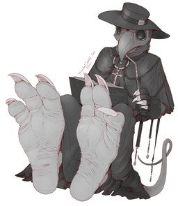 3_toes ambiguous_gender animal_mask anthro beak_mask black_clothing book claws clothing cross feet foot_fetish foot_focus hat headgear headwear hindpaw mask paws plague_doctor robe soles solo toe_claws toes wrinkled_feet wrinkles kredri avian hi_res