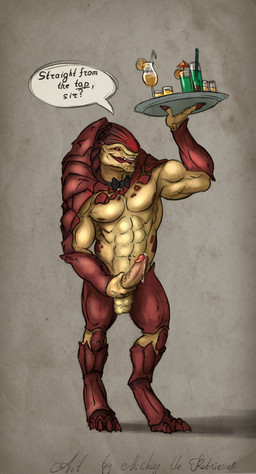 4_balls 4_toes abs alcohol balls bendy_straw beverage bodily_fluids bow_(feature) bow_tie butler dialogue digitigrade drinking_straw erection feet food front_view genital_fluids genitals glans glass humanoid_genitalia humanoid_penis male multi_balls multi_genitalia muscular muscular_male nipples pecs penis precum precum_string question_mark red_body red_scales scales simple_background solo speech_bubble standing text toes tray mickey_the_retriever bioware electronic_arts mass_effect alien krogan 2015 absurd_res digital_media_(artwork) english_text hi_res